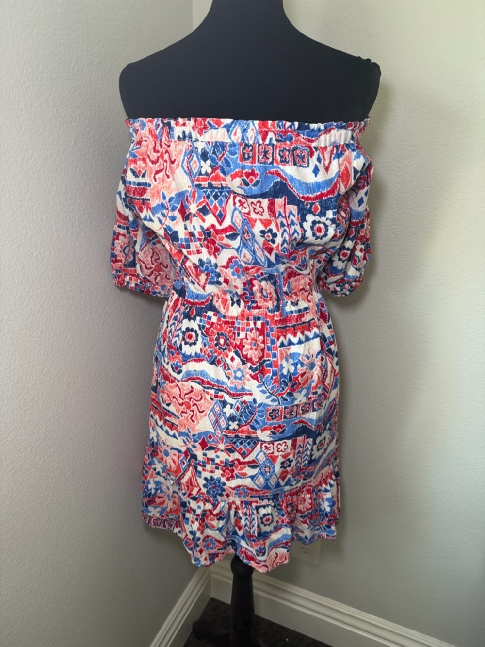LOFT Off-the-Shoulder Ruffle Printed Cotton Blend Dress in Blue & Red - Picture 5 of 7